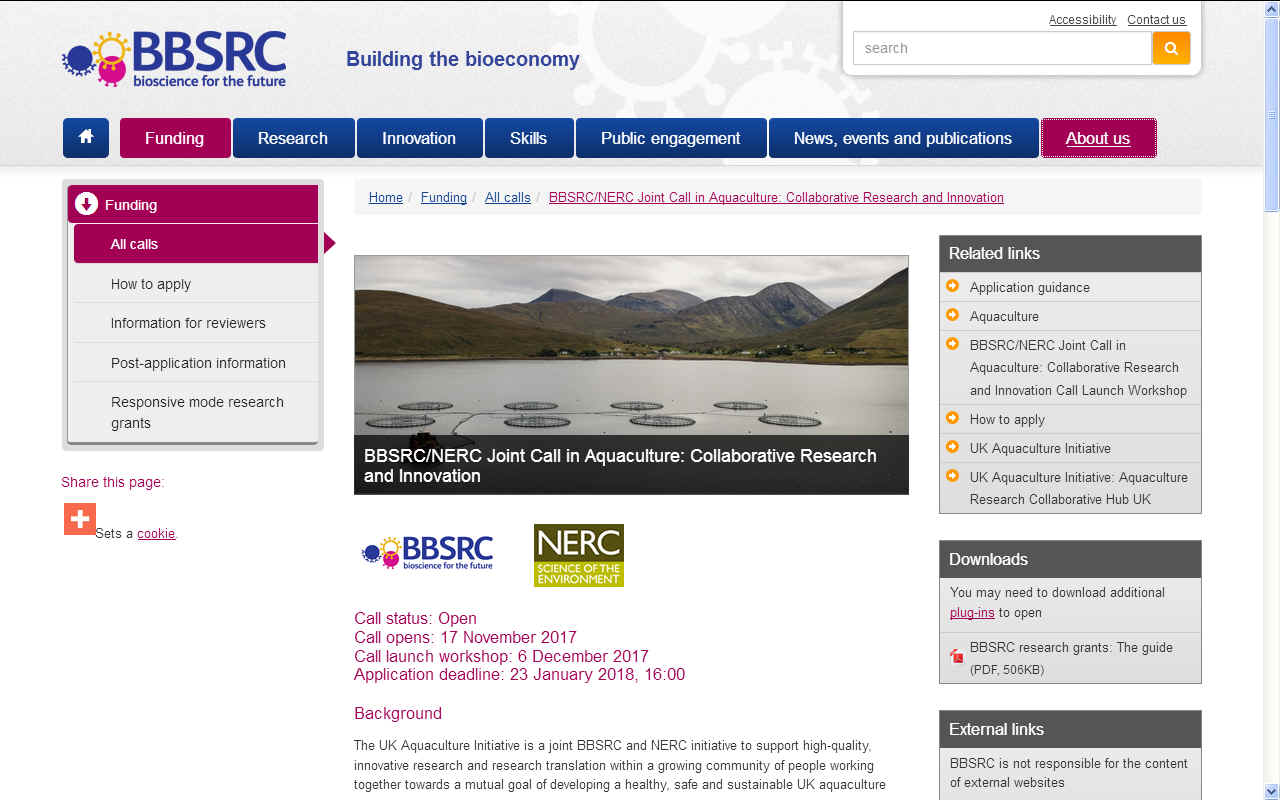 Joint call NERC BBSRC aquaculture collaborative reseach and innovation