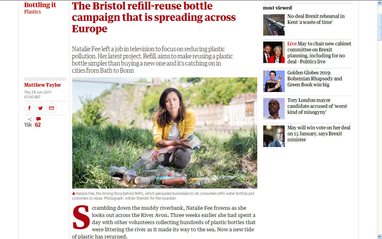 Natalie Fee refill  Bristol water bottle campaign Europe