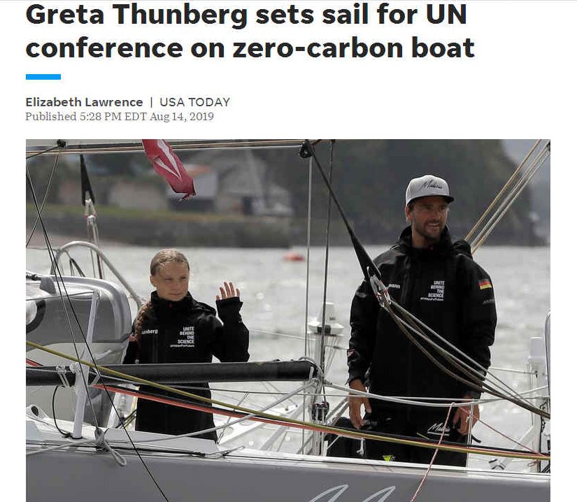Zero emission sailor, Greta Thunberg sets sail for New York and the Chile, Santiago, for climate change talks
