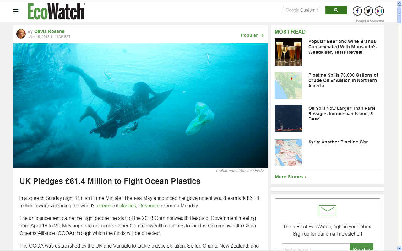 EcoWatch UK pledges £61.4 million to fight ocean plastic