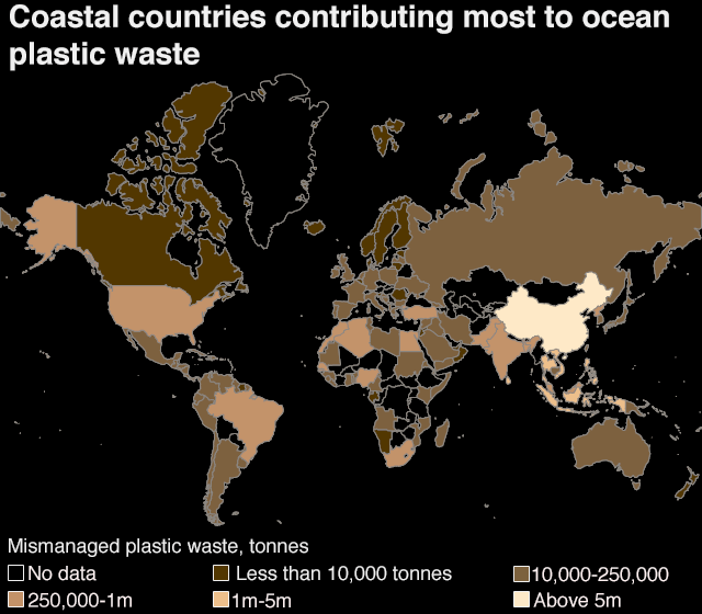 Map of the world showing which countries are responsible for plastic waste