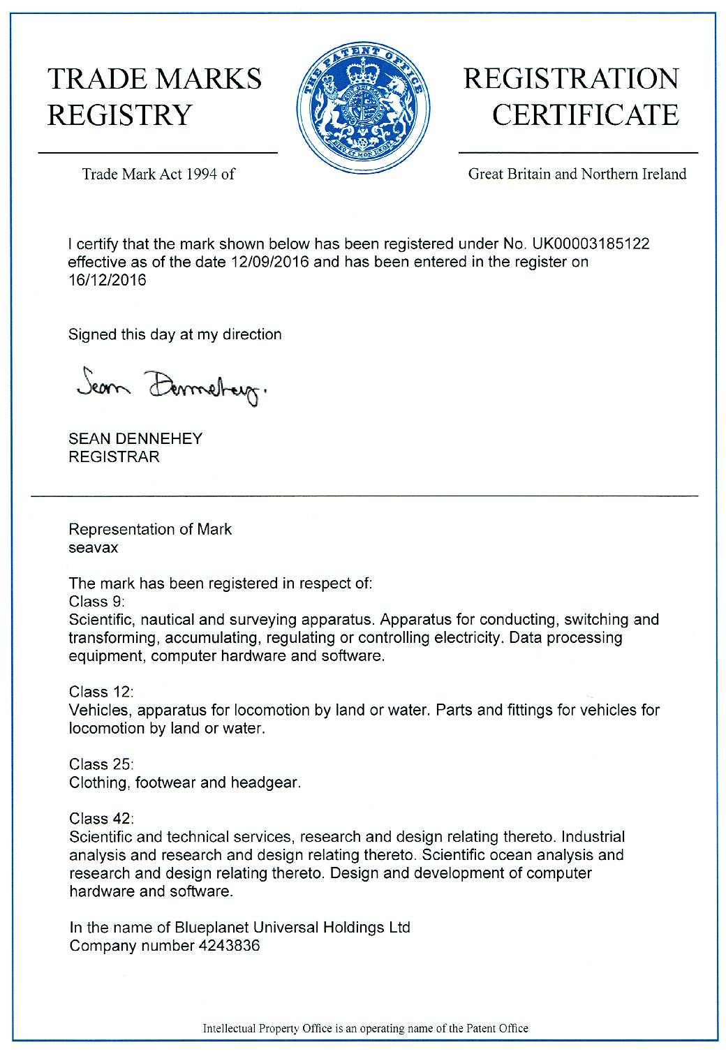 Seavax trademark certificate