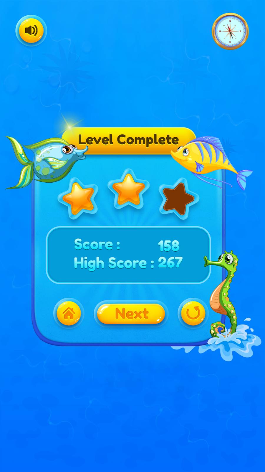 Level completed screen with compass