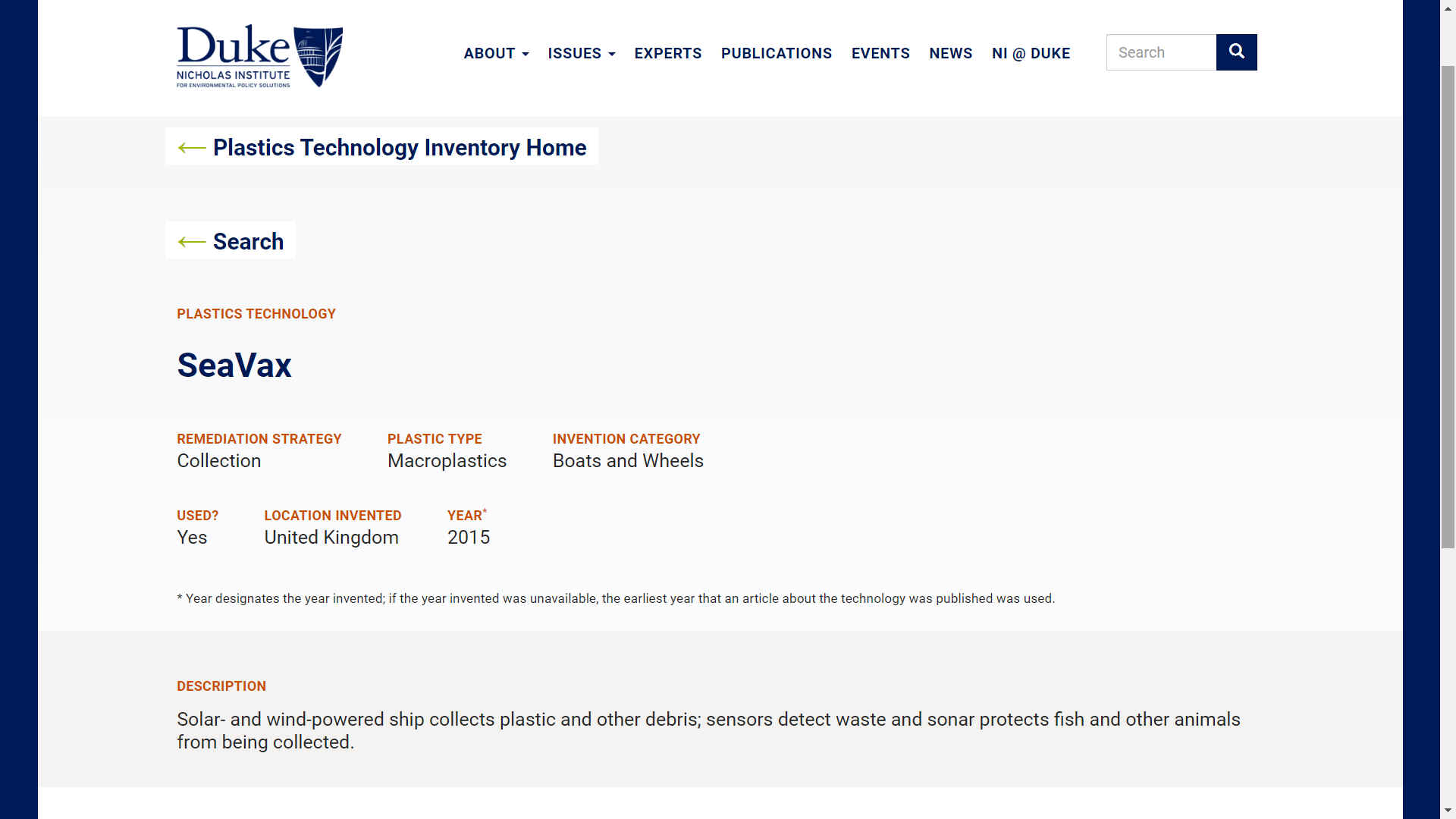 SeaVax invention 2015 Duke, Nicholas Institute - Macroplastics