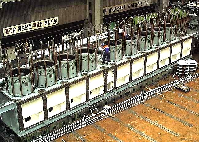 One of the world's largest marine diesel engines being assembled