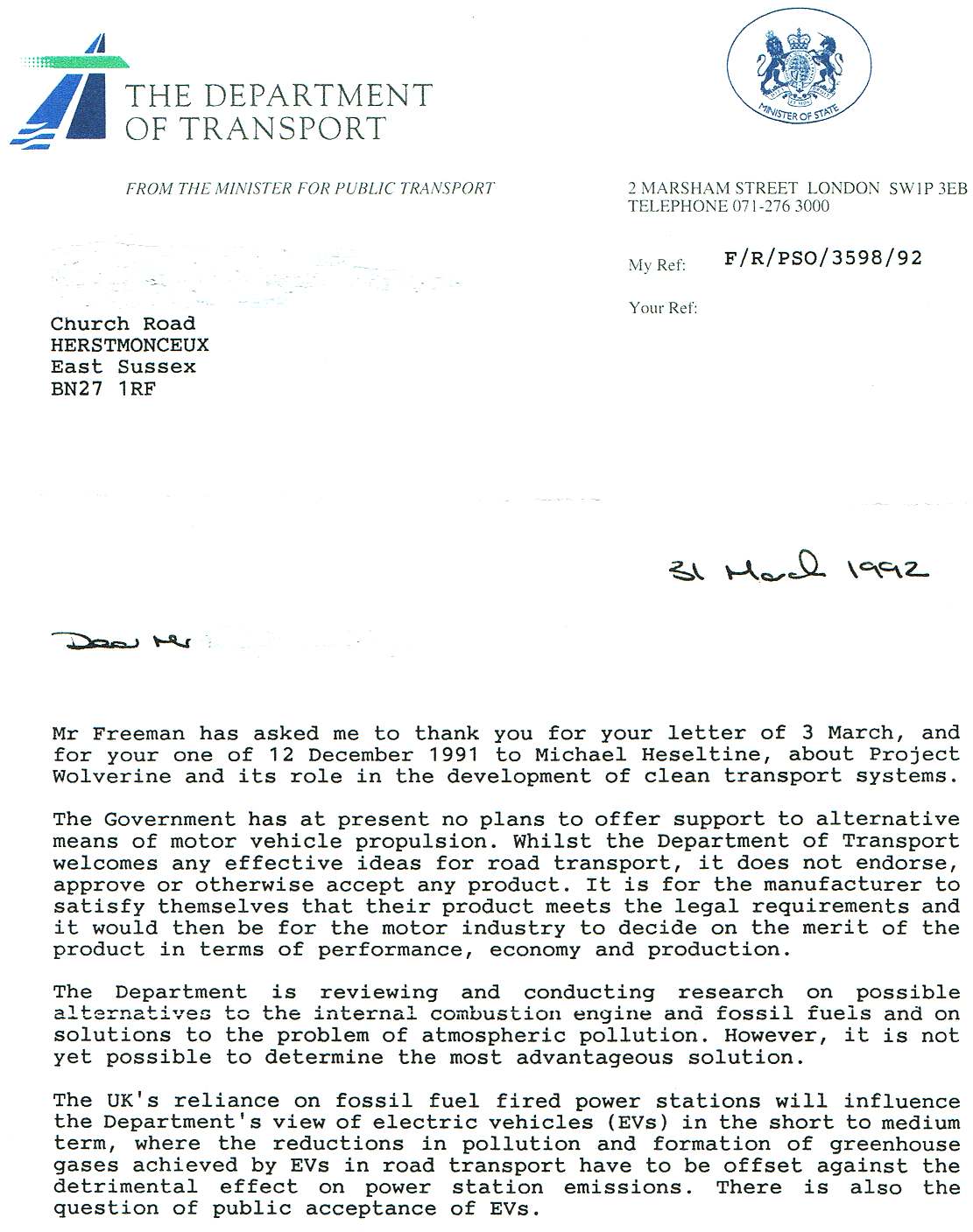 Letter from department of transport UK government 1992 electric vehicle recharging