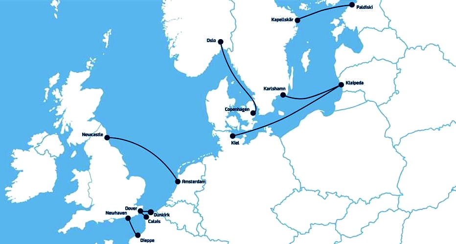 North Sea Ferry Routes Map Dfds Cross Channel Ferries Ferry Operators Scheduled Services France  England Europe North Sea Baltic