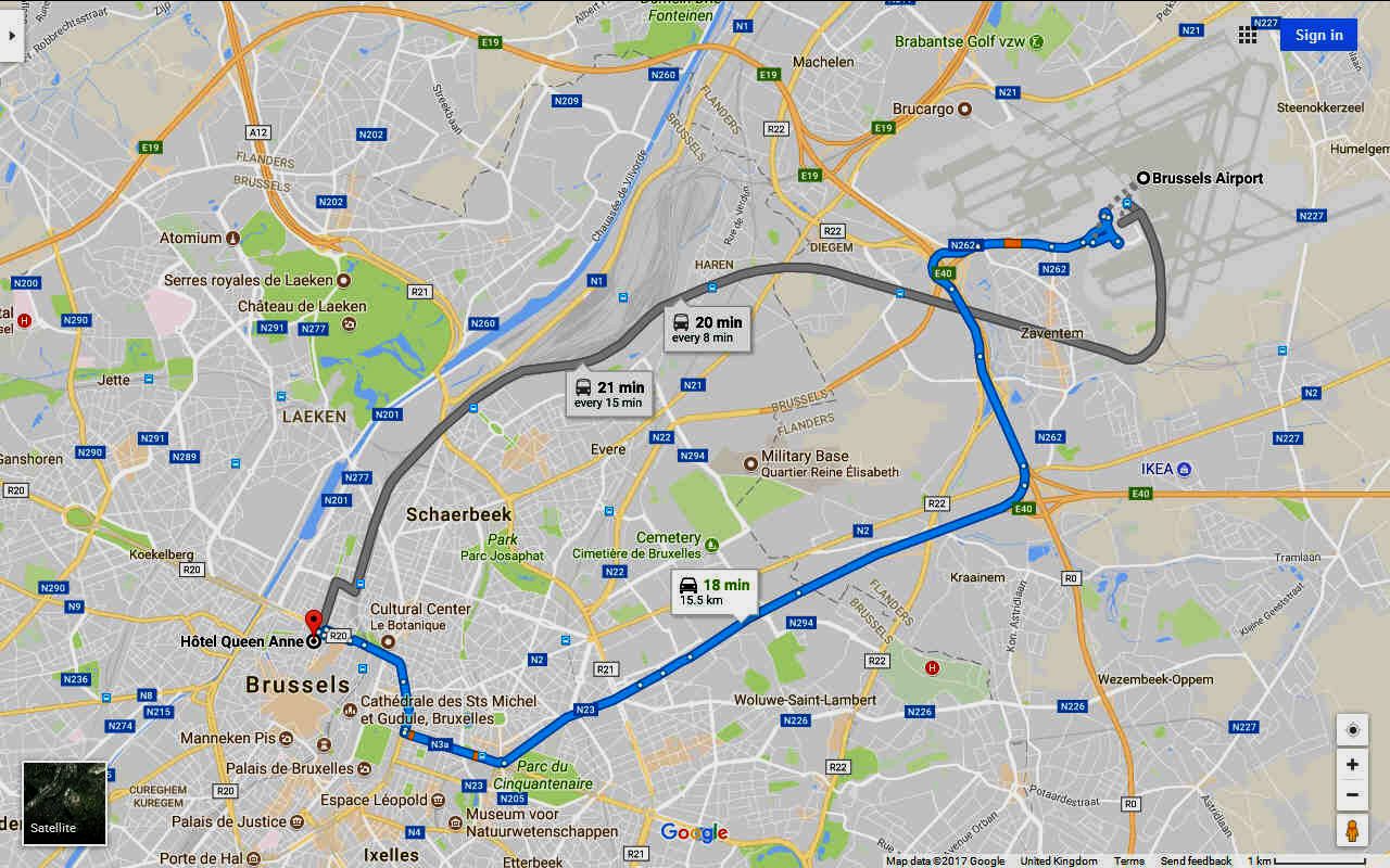 Google map showing the roads from Brussels airport to the city centre