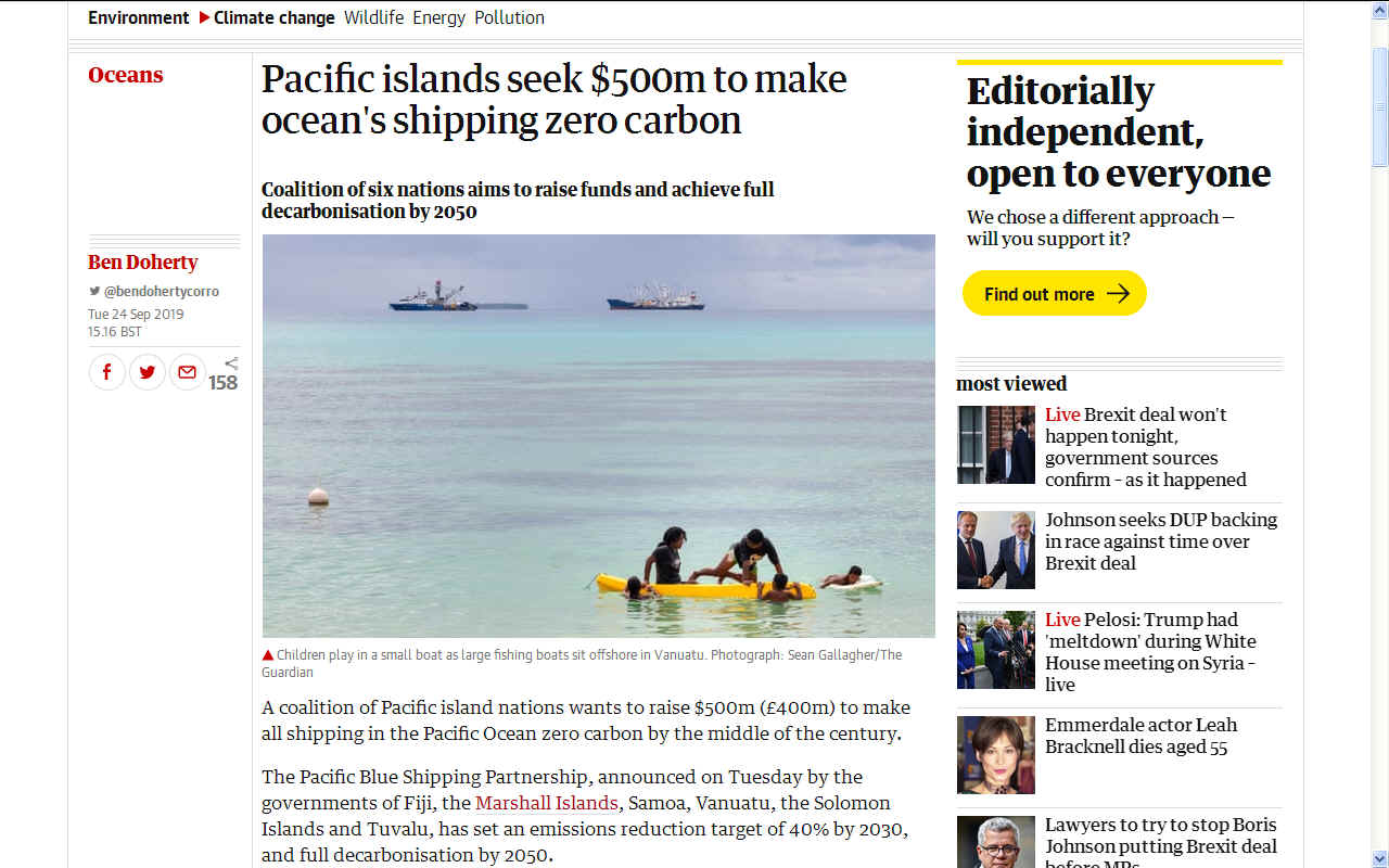 The Guardian report zero carbon shipping for Pacific Islands coalition September 24 2019