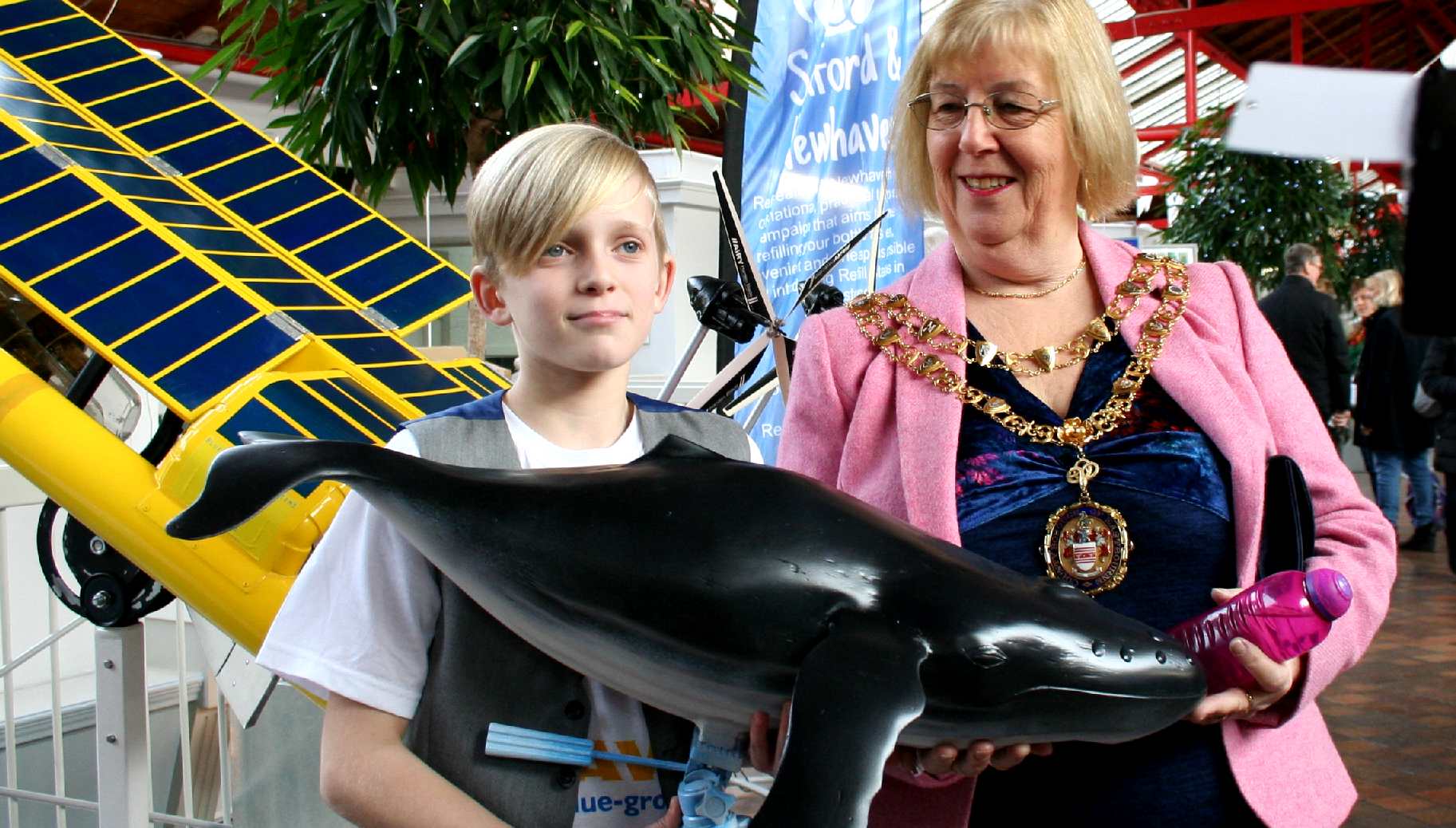 Kulo Luna the humpback whale model with Gill Mattock Mayor of Eastbourne