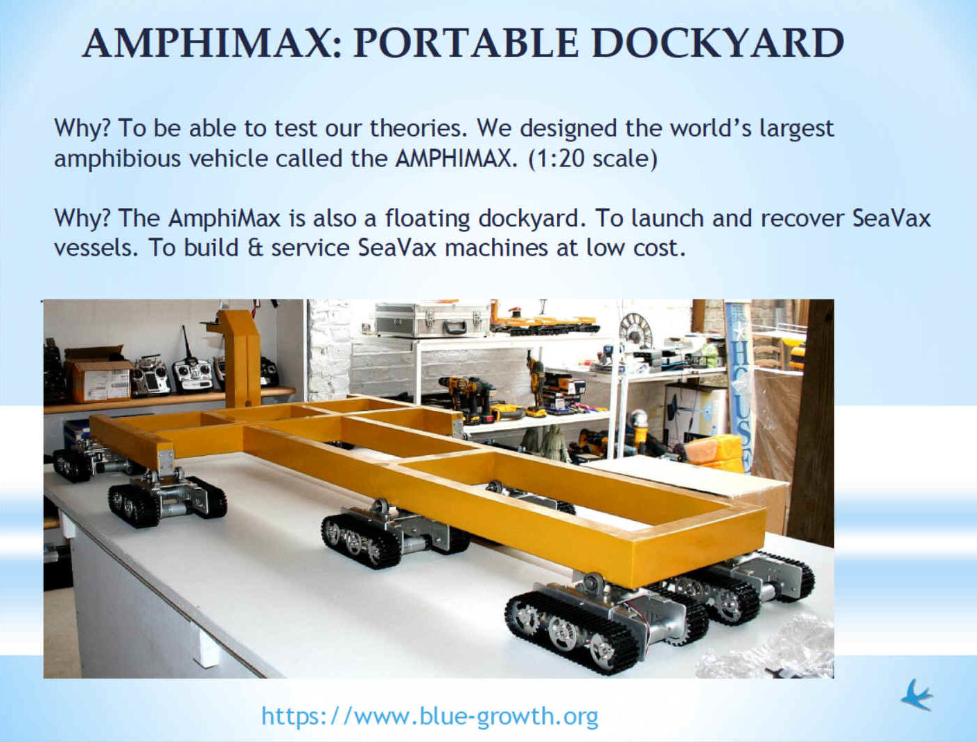 AmphiMax is a low cost portable dockyard, the world's largest amphibious vehicle. It can be parked on any suitable beach, when a SeaVax might be assembled from subassemblies. Fitted out with command and control robotics, then launched. This would mean SeaVax could be made anywhere, launched and recovered, for servicing. The system reducing the cost of producing some 300 drone vessels to form an effective SeaNet system. We built and tested a fully working radio controlled proof of concept model at 1:20 scale.