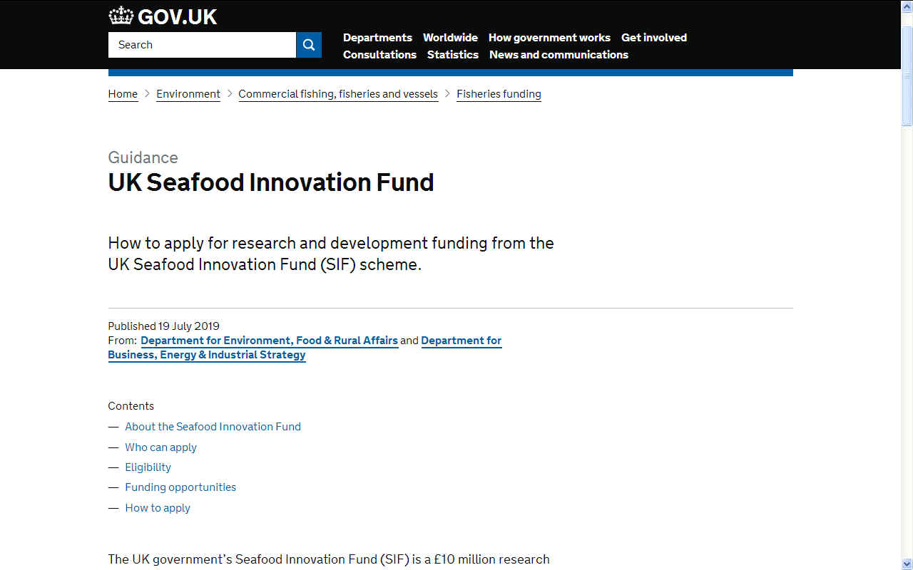 UK Seafood Innovation Fund SIF Government DEFRA Department for Environment Food & Rural Affairs