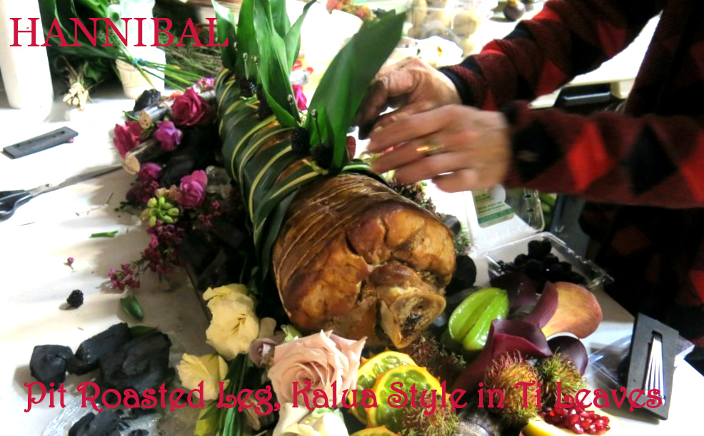 Pit roasted leg of Bedelia du Maurier in Ti leaves